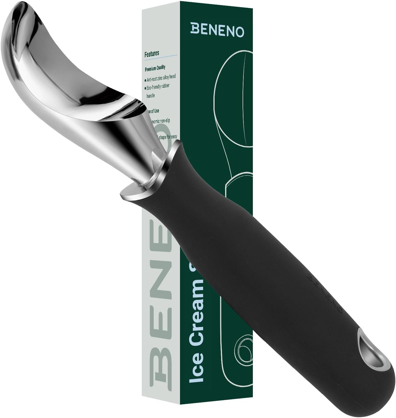 Beneno Heavy Duty Ice Cream Scoop - Upgraded Anti-Fracture Design, Comfortable Grip Long Handle, Effortless Scooping & Dishwasher Safe, Black