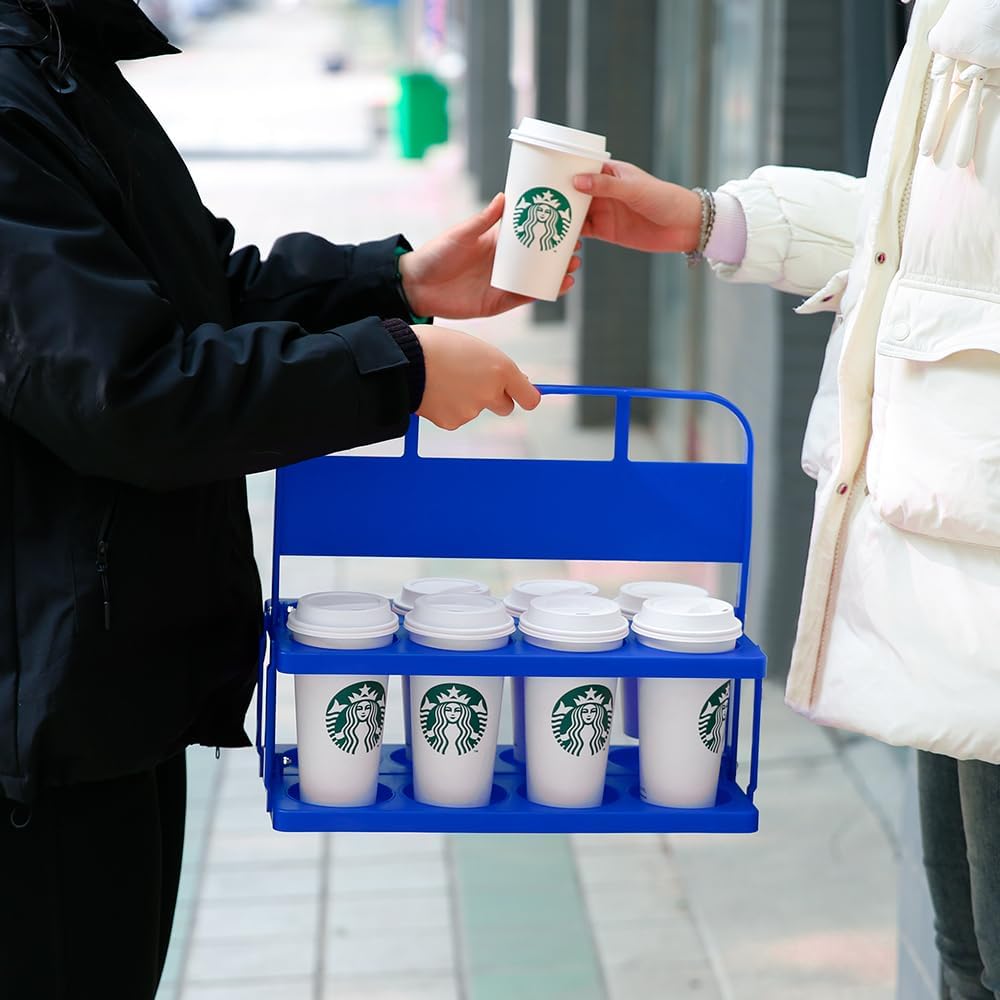 Reusable Drink Carrier with Handle for Doordash, Eats, Grubhub, Portable 8 Cup/Coffee Holder Accessories for Delivery, Foldable Drinks Caddy with Tray, Car Durable Plastic Festive Bottle, Vacation