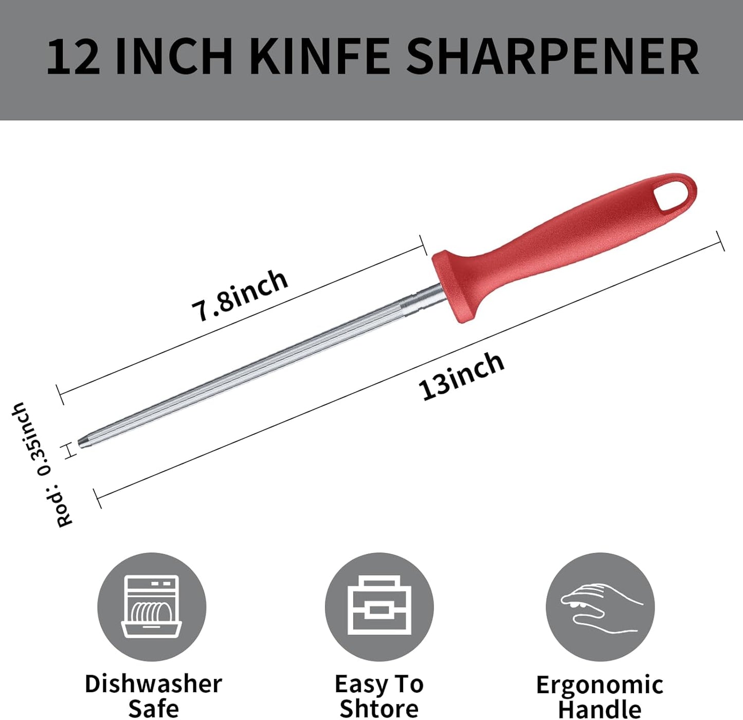 Knife Sharpener Rod, Kitchen Knives Sharpener Carbon Steel Professional Knife Sharpening Steel, Red Diamond Honing Rod with Hanging Holes (13 inches)
