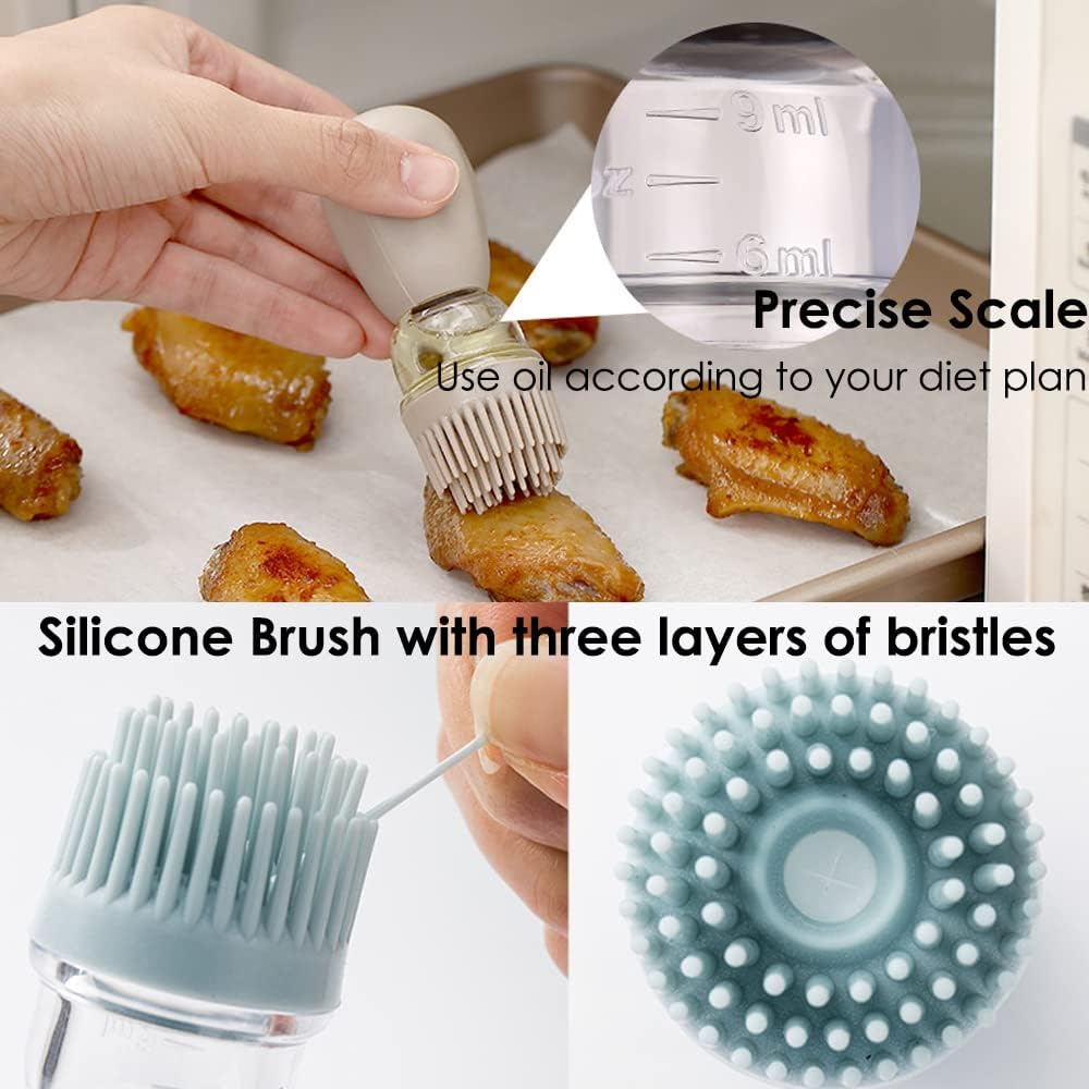 Oil Dispenser with Brush - 2 Pack Glass 2 IN 1 Olive Oil Dispensing Bottle with Basting Brush for Cooking Frying Baking Kitchen, 180ml, T-OB21 Blue+Grey