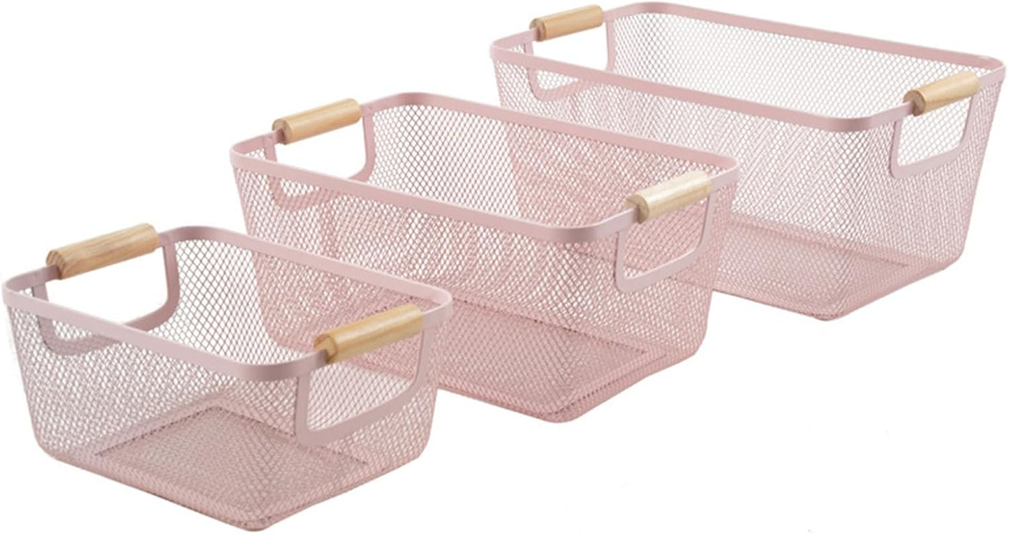 Metal Mesh Steel Basket, Large Wire Storage Organizer Basket Multi-function Hanging Kitchen Baskets with Wood Handle for Kitchen Bathroom Picnic Home, Rectangle-Pink