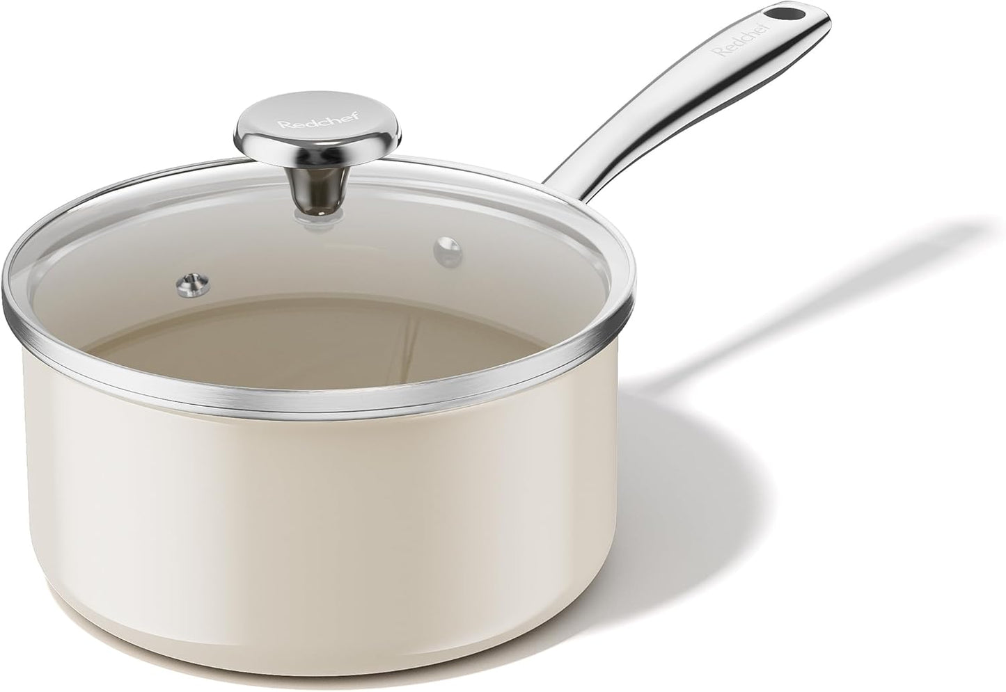 Redchef Nonstick Ceramic Sauce Pan With Lid, 3.5QT Small Cooking Pot with Stay-Cool Handle, Kitchen Non Toxic Soup Pot, PTFE & PFOA Free, Oven & Dishwasher Safe, Compatible with All Stovetops-Beige