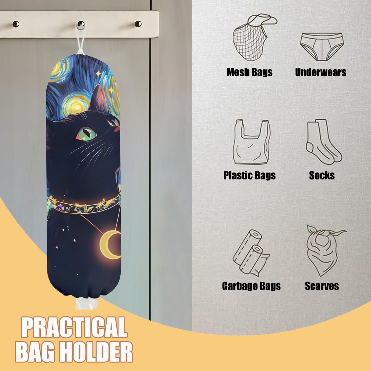 Sky Cat Plastic Bag Holder, Wall Mount Grocery Bag Holder, Plastic Storage bag, Pull Rope Free Adjustment, Plastic Bag Holders for Grocery Bags, Plastic Bag Dispenser for Home Kitchen