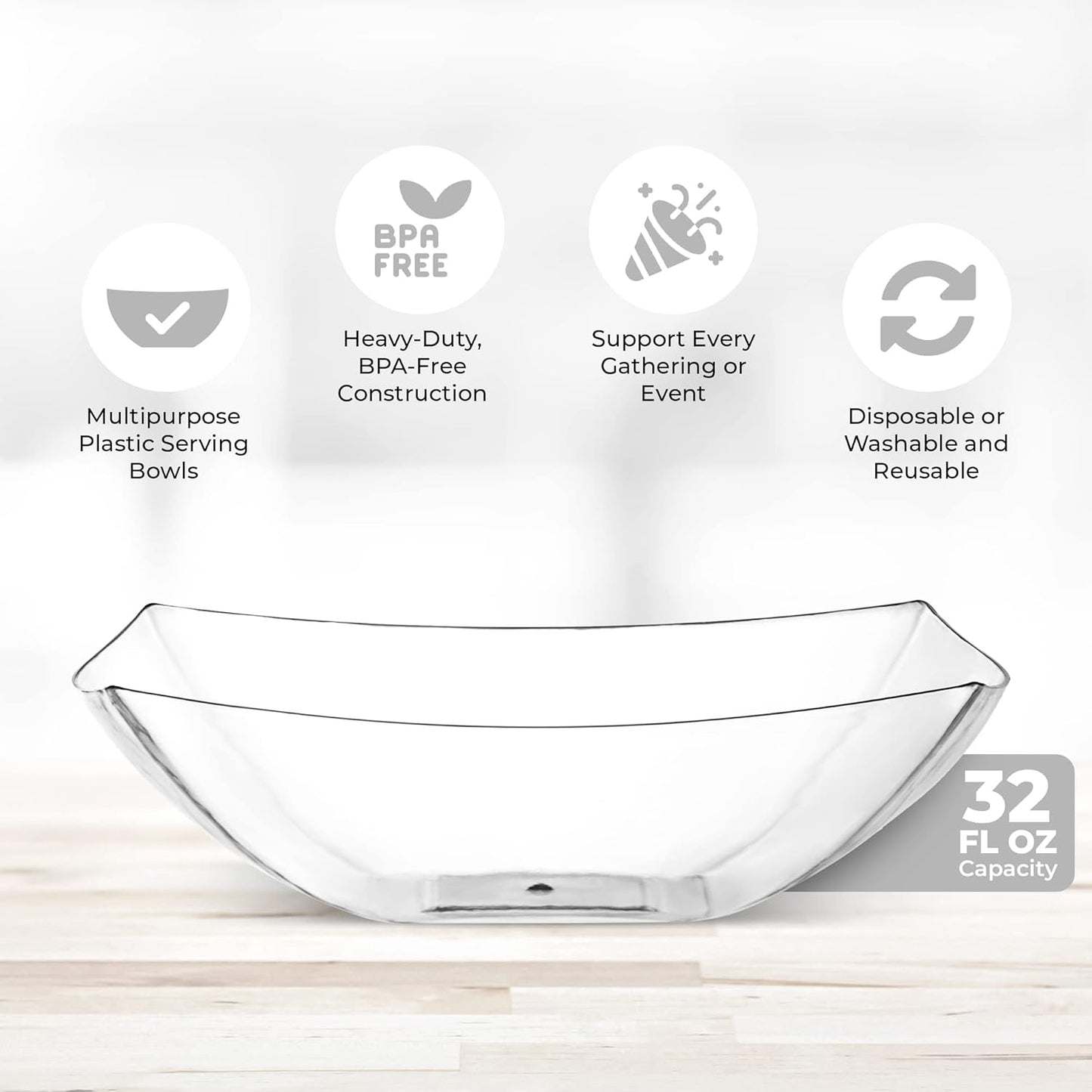 Posh Setting - Clear Plastic Serving Bowls for Party (32oz - 4 Pack) Square, Disposable, Salad & Fruit Bowls for Party Table, Candy Containers for Candy Buffet
