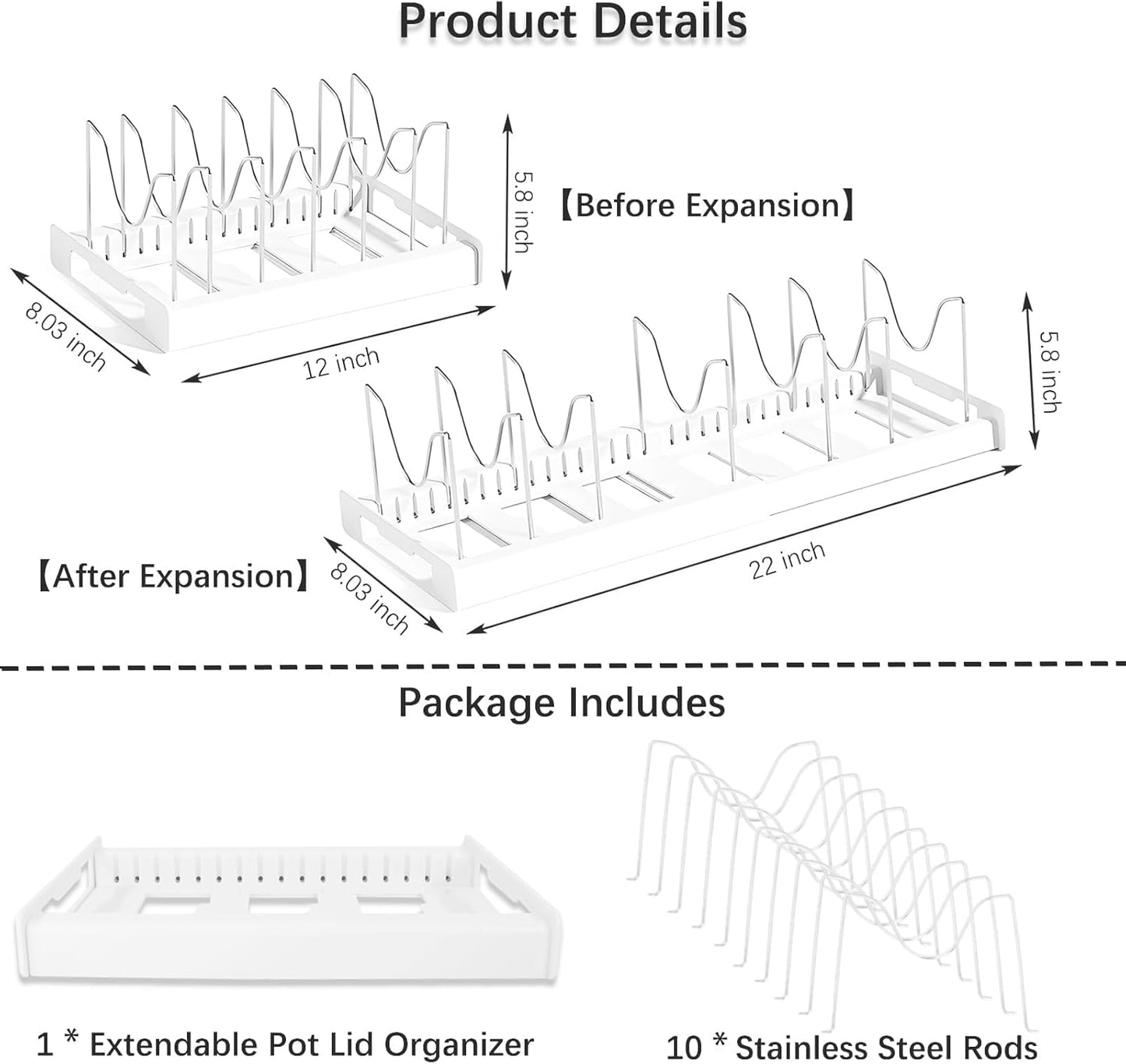 2 Pcs Pot and Pan Organizer, Expandable Pots and Pans Organizer Under Cabinet, Pot Lid Holder with 10 Adjustable Compartment for Bakeware, Cutting Boards, Lid, Dishes, Cookware (2 Pcs)