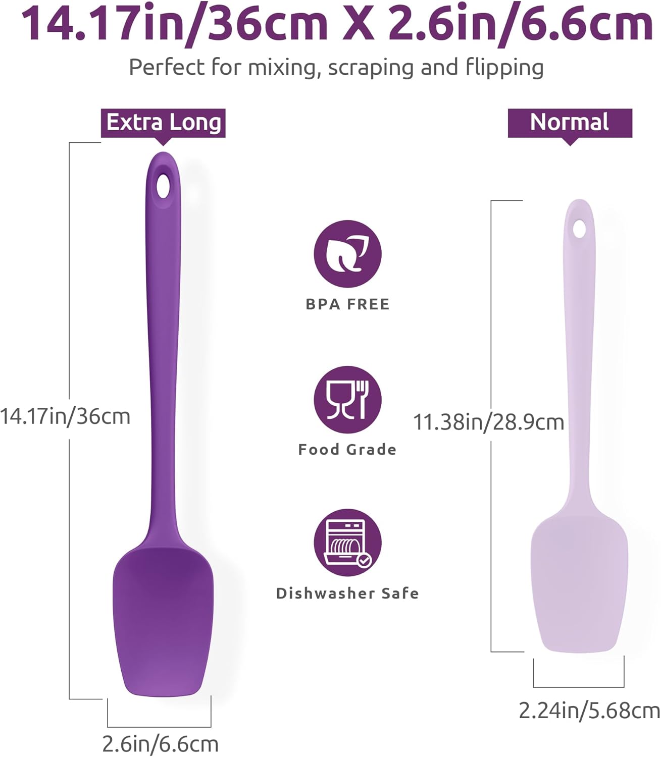 U-Taste Extra-Long 600ºF Heat Resistant Spatula Spoon: 14" Silicone Spoonula Cooking Utensils for Kitchen Use, Non-Stick Scoop Scraper with Soft Edge & Firm Core for Baking, Mixing, Serving (Purple)