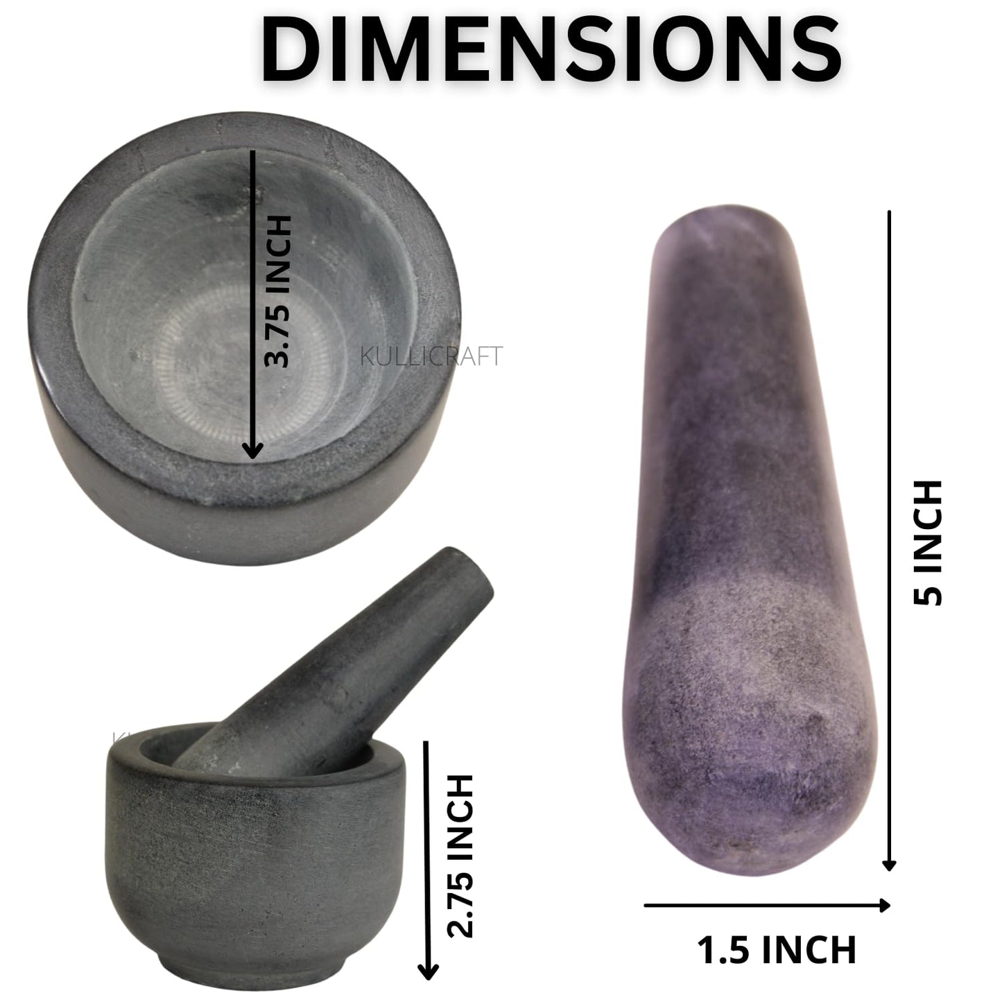 Marble Stone Mortar and Pestle, for Grind Spices, Powder Pesto, Mash Herbs, Crush Pills, Regular Size (3.75"X2.75" Mortar, 5" X1.5" Pestle, Grey)