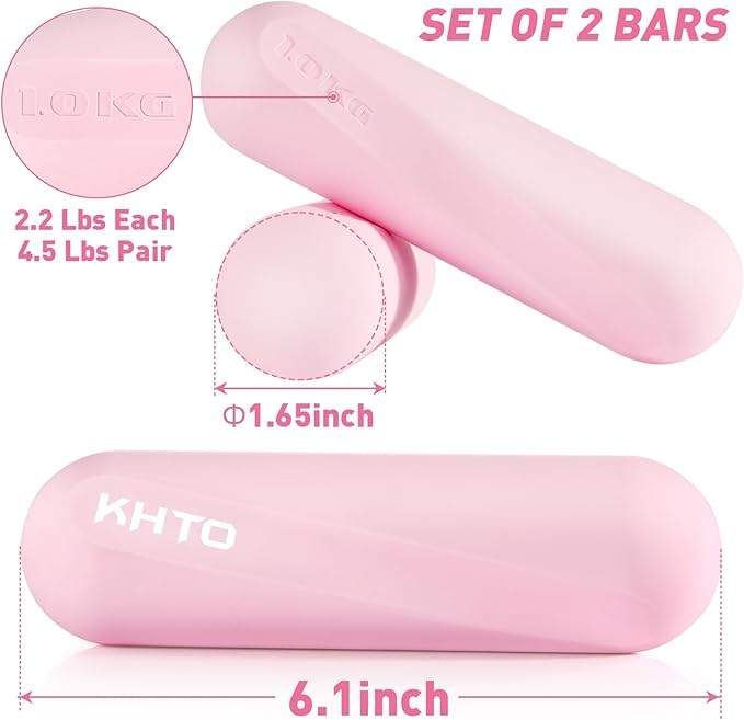 KHTO Food Grade Silicone Dumbbell Weight Bars for Women, Pink (2.2 LB | 4.4 LB Pair), Non-Slip Hex Sides Dumbbell Set for Home Gym Workout, Walking, Yoga, Dance, Barre, Pilates