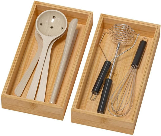 Bamboo Drawer Organizer - Silverware & Utensil Organizer, Stackable, 2 Pcs, Wooden Storage Box Tray (Bamboo, 12 X 6 X 2 Inch)