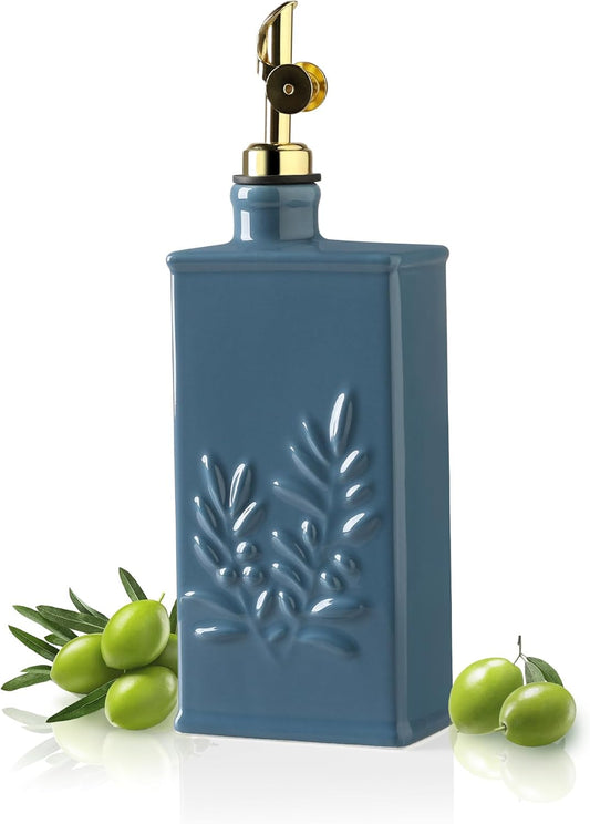 Sweejar Ceramic Olive Oil Dispenser Bottle for Kitchen, 17 Oz Relief Opaque Oil and Vinegar Dispenser Bottle with Spout, Suitable for Soy Sauce, Coffee Syrup, Liquids (Fogblue)