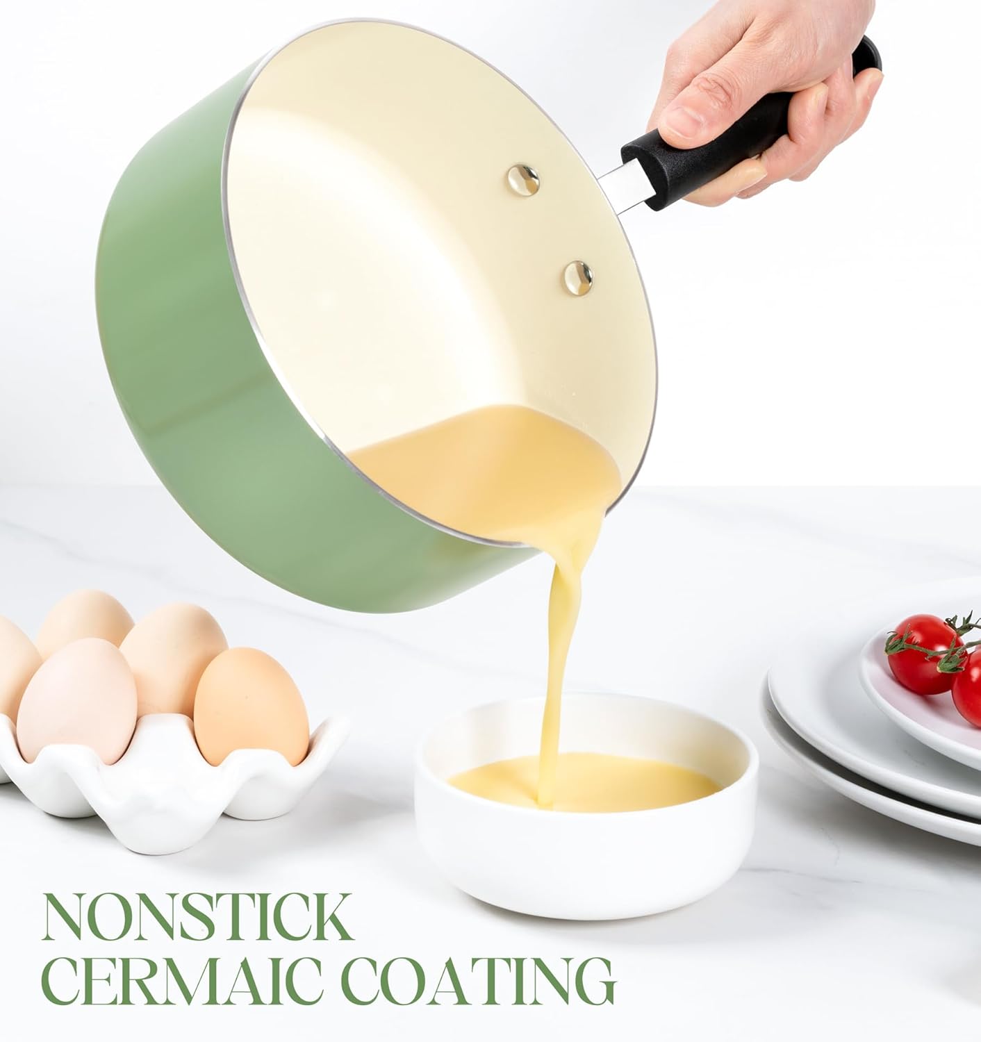 MICHELANGELO Nonstick Sauce Pan with Lid, Ceramic Saucepan Set, Non Toxic Small Saucepans Sets with Stay-Cool Handle, Induction Pots For Cooking, PTFE & PFOA Free - 1Qt & 2Qt & 3Qt, Green