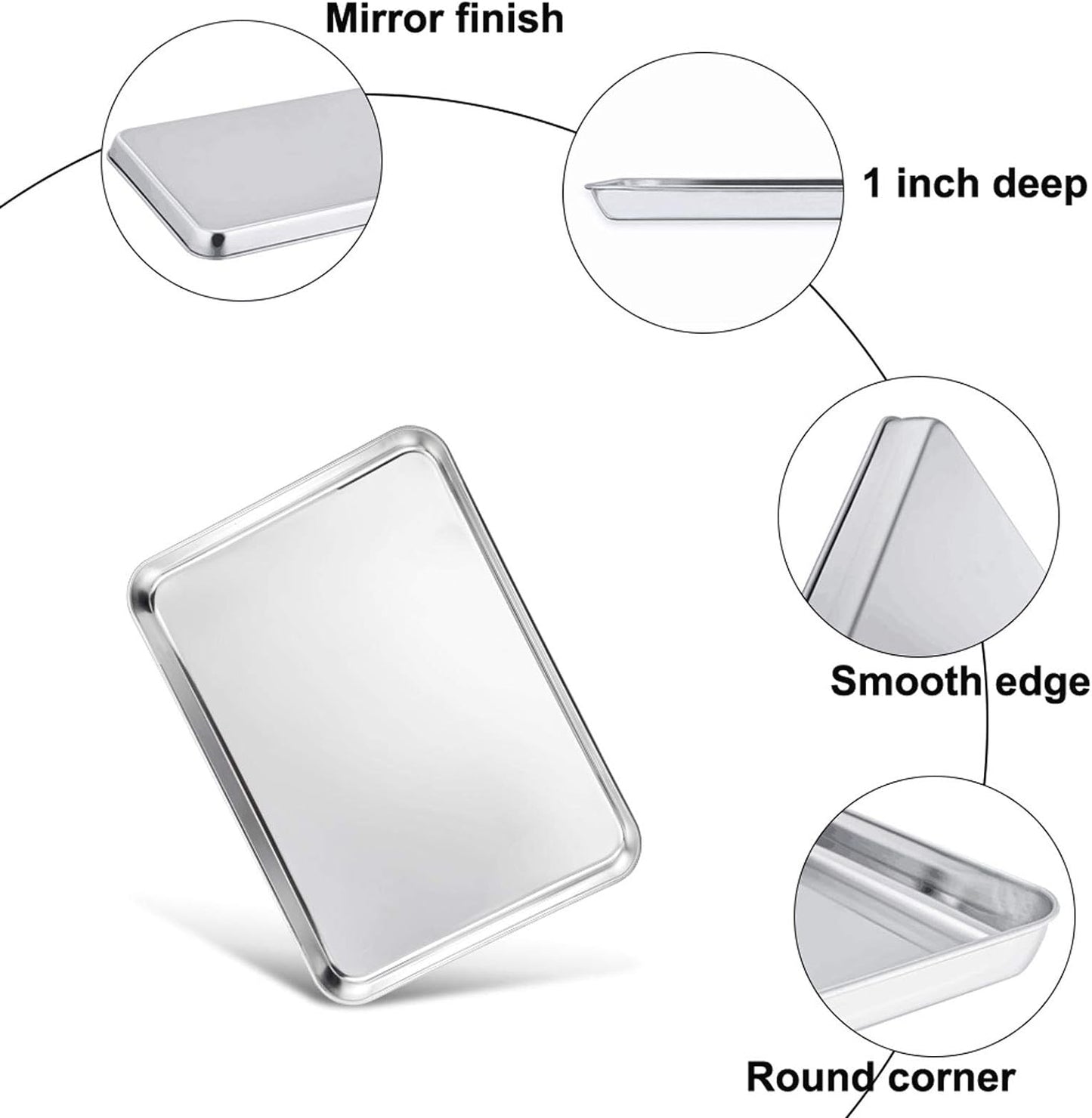 TeamFar 10.5’’ x 8’’ x 1’’ Toaster Oven Pan with Rack Set, Small Baking Pans Tray Stainless Steel with Cooling Rack Set of 4, Non-Toxic & Heavy Duty, Mirror Finish & Dishwasher Safe