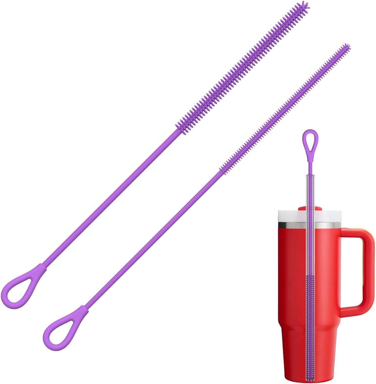 YOTIME Silicone Straw Cleaner Brush, 2Pcs Reusable Straw Brush Extra Long for Cleaning Tumbler with Handle and Glass Metal Smoothie Straws, Non-slip Handle Soft and Bendable, 6mm+9mm, Purple