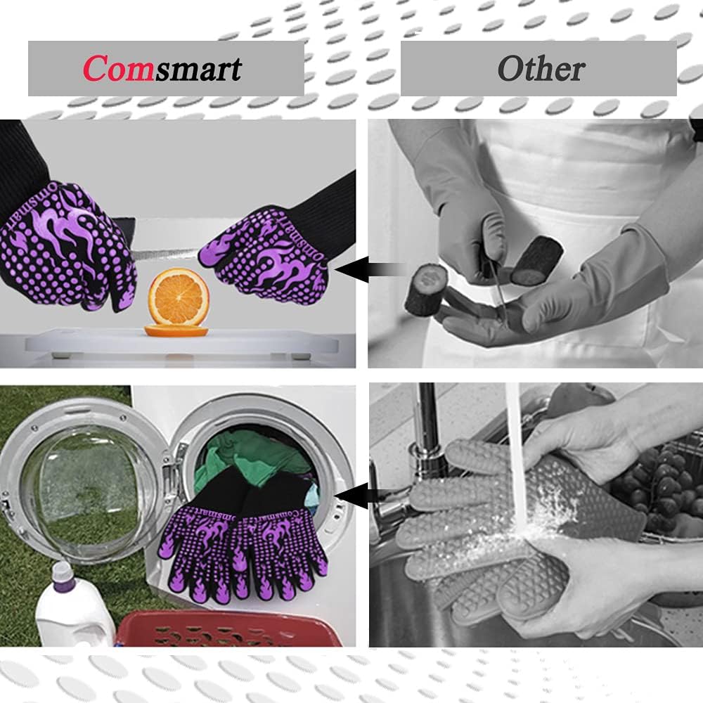Comsmart BBQ Gloves, 1472 Degree F Heat Resistant Grilling Gloves Silicone Non-Slip Oven Gloves Long Kitchen Gloves for Barbecue, Cooking, Baking(Purple)