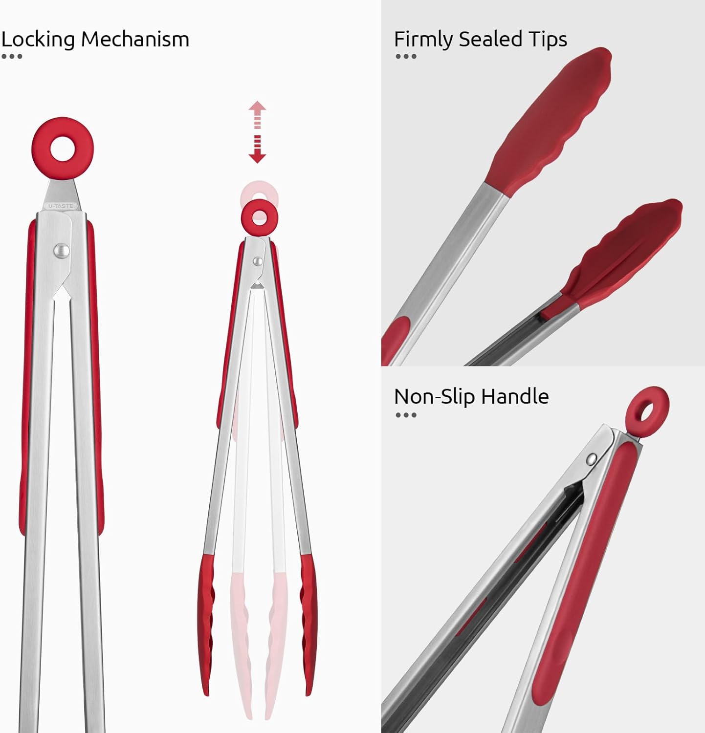600ºF Heat Resistant Kitchen Tongs: U-Taste 9+12 inch Silicone Cooking Tong Set with Firm Sealed Non Stick Rubber Tips and Silicon Coated 18/8 Stainless Steel Handle for Serving Grilling Salad(Red)
