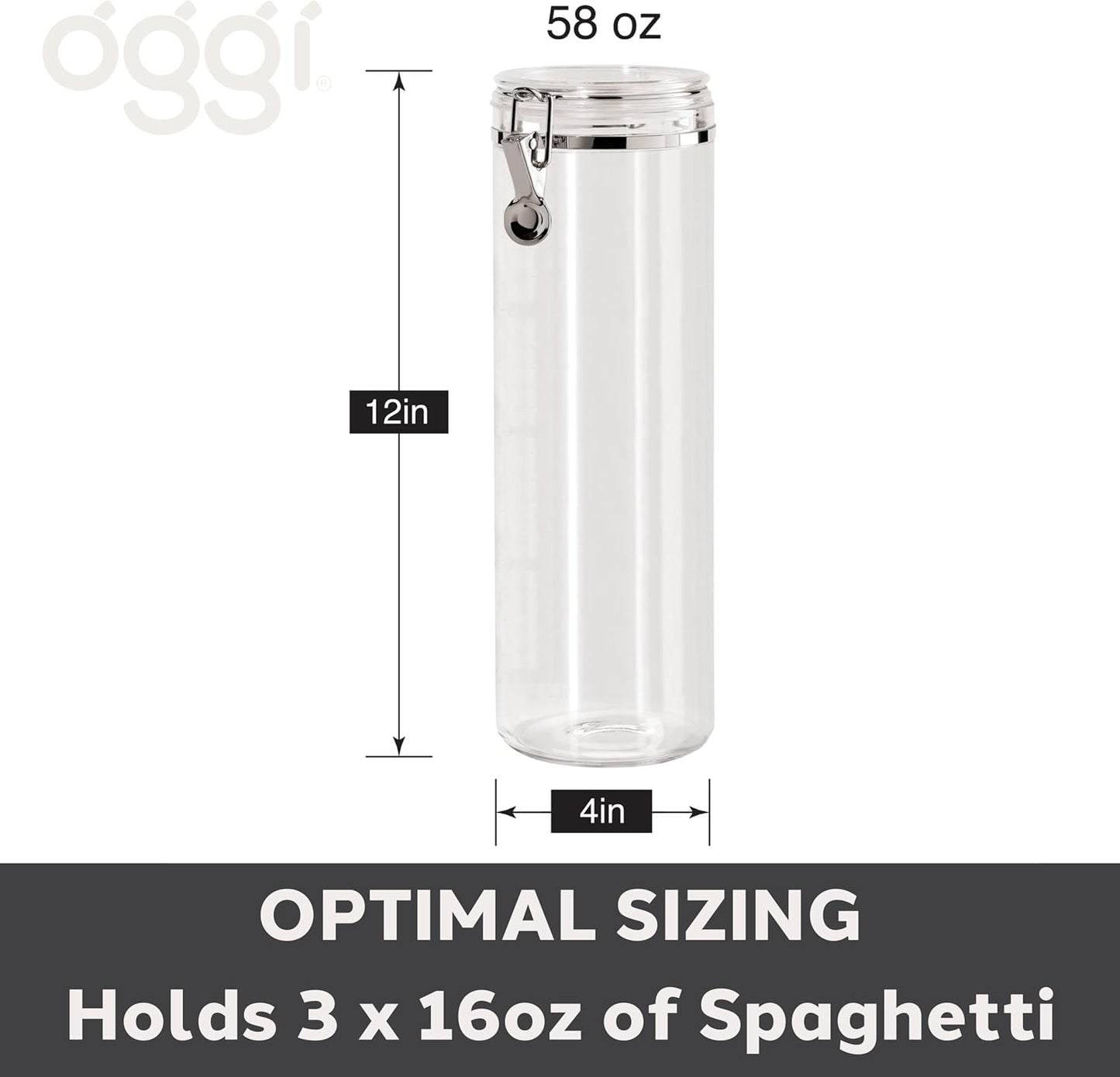 OGGI Tall Clear Canister with Clamp Lid, 58 oz - Large Airtight Food Storage Container, Ideal for Kitchen & Pantry Storage of Bulk, Dry Foods Including Pasta & Spaghetti, Plastic