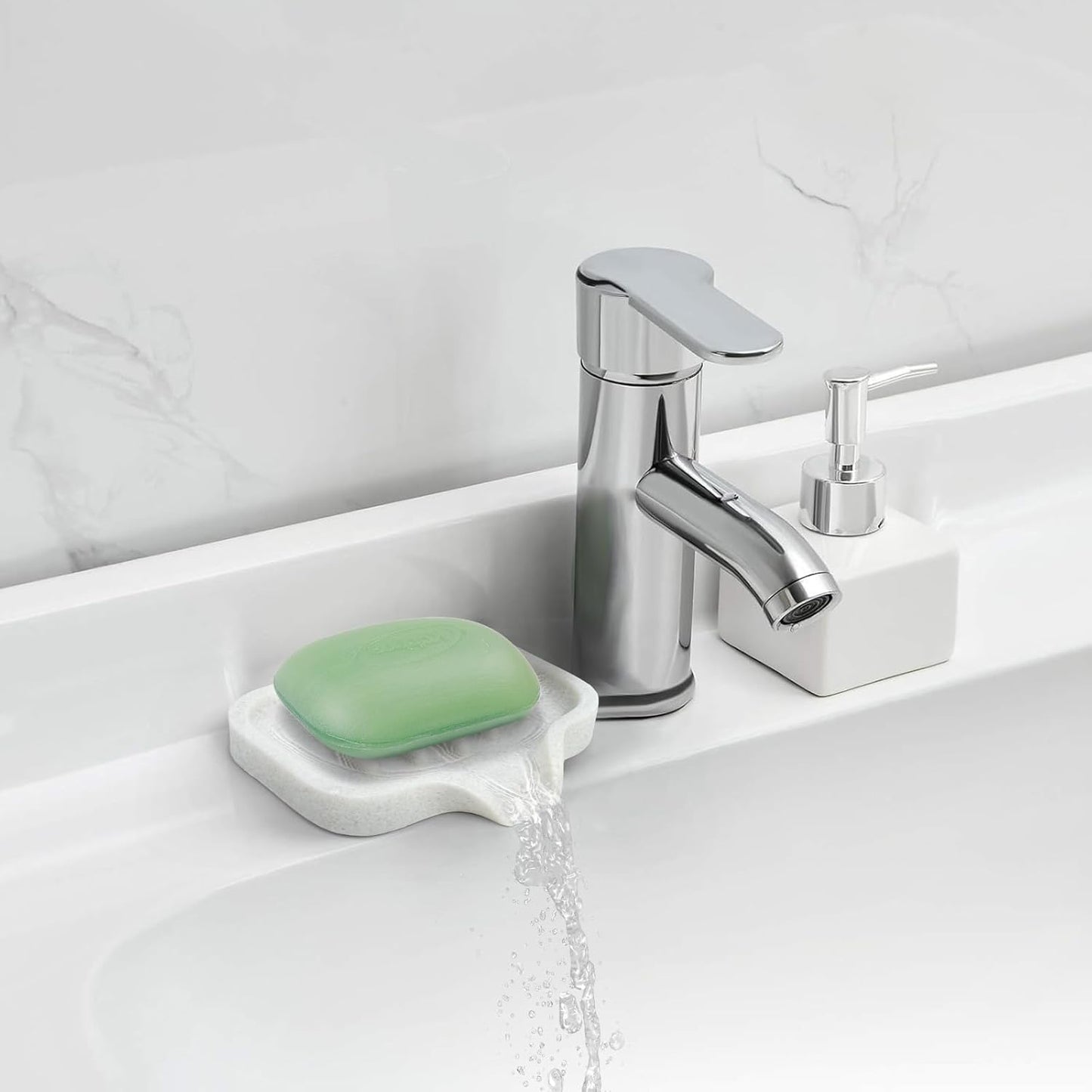 Self Draining Soap Dish- Bar Soap Holder for Shower, Marble Design Large Soap Savers Soap Tray Sponge Holder for Kitchen Bathroom Bathtub Sink, Crystal White