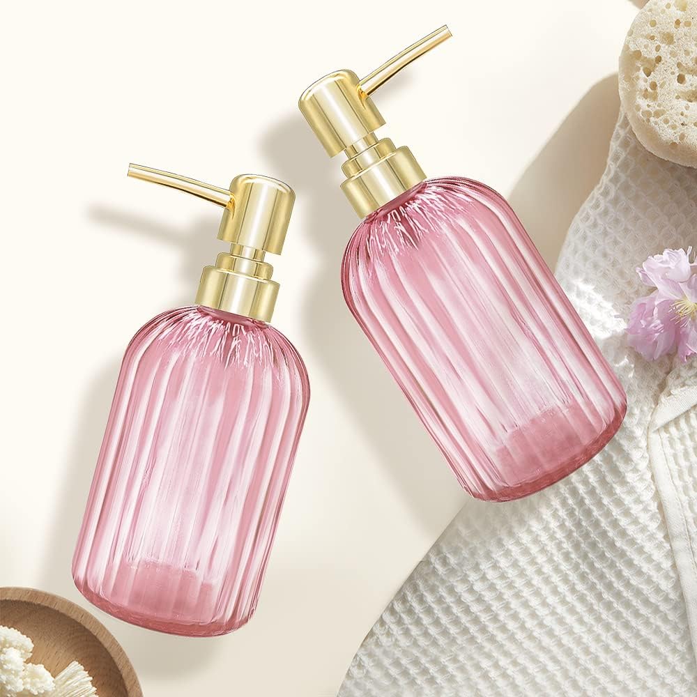 Soap Dispenser - 2 Pack 14 Oz Kitchen Soap Dispenser with Pump, Bathroom Transparent Soap Dispenser Bottle for Hand Soap, Dish Soap or Lotion (Pink)