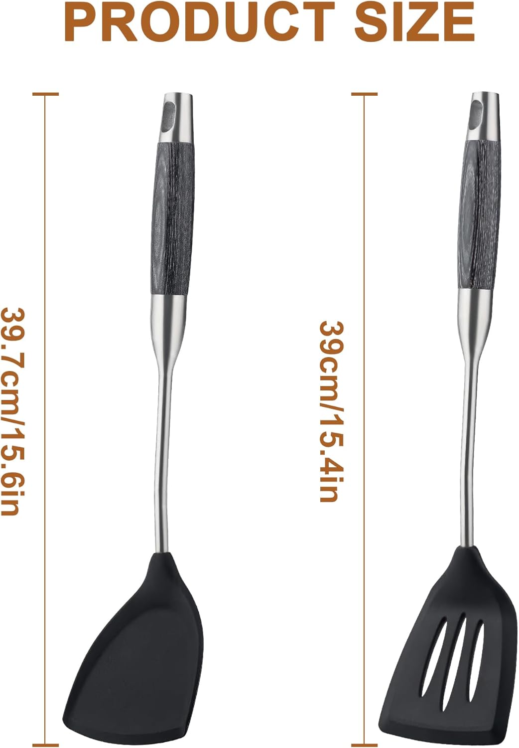 FJNATINH Silicone Spatulas and Turner Set - Stainless Steel Wok Tools, Wok Utensil, Heat Resistant Rubber Spatulas for Fish, Eggs, Pancakes, Wok,2 Pack