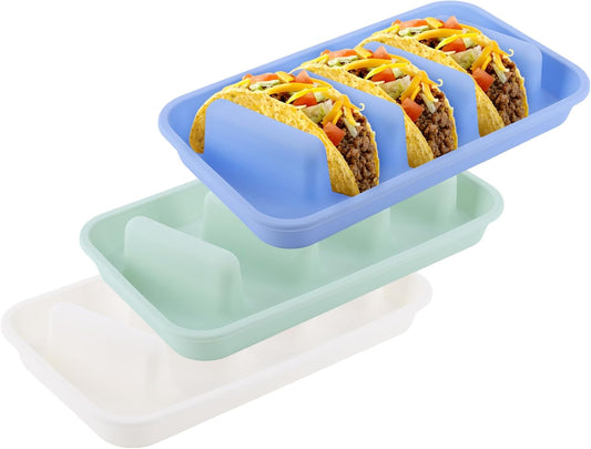 Silicone Taco Holder 3 Packs, Reusable Taco Plates with Dividers, Taco Holder Stand for Family Dinners & Parties, Dishwasher and Microwave Safe