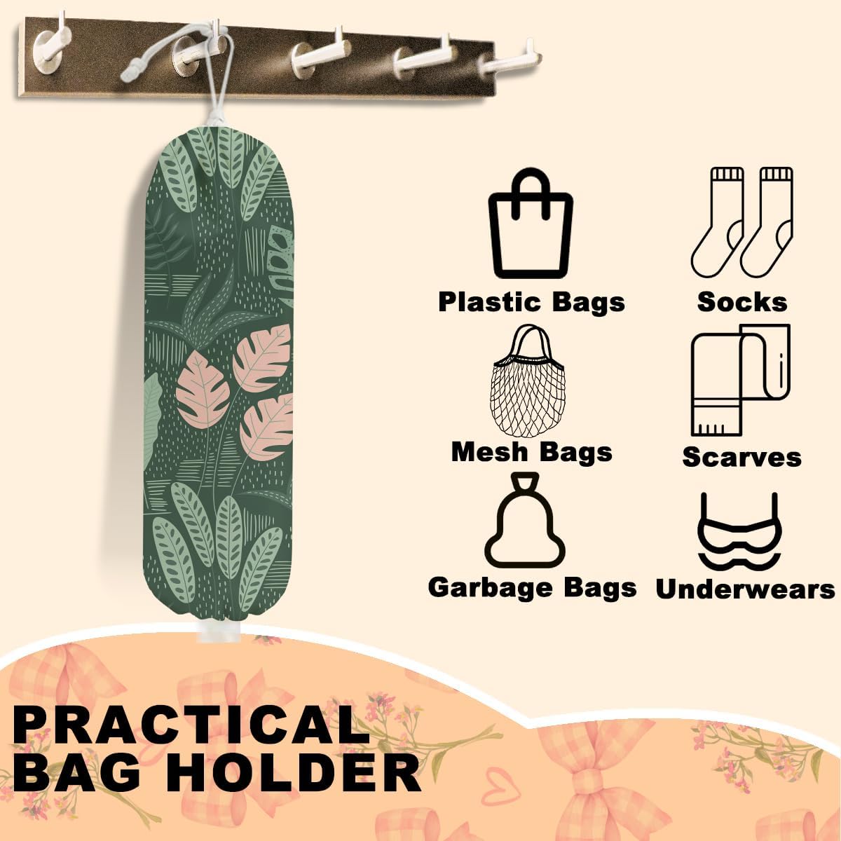 Tropical Green Leaves Plastic Bag Holder, Grocery Bag Holder for Plastic Bags, Nature Greenery Reusable Grocery Bags Storage Dispenser for Home Kitchen Decor, Plant Lover Gifts for Women