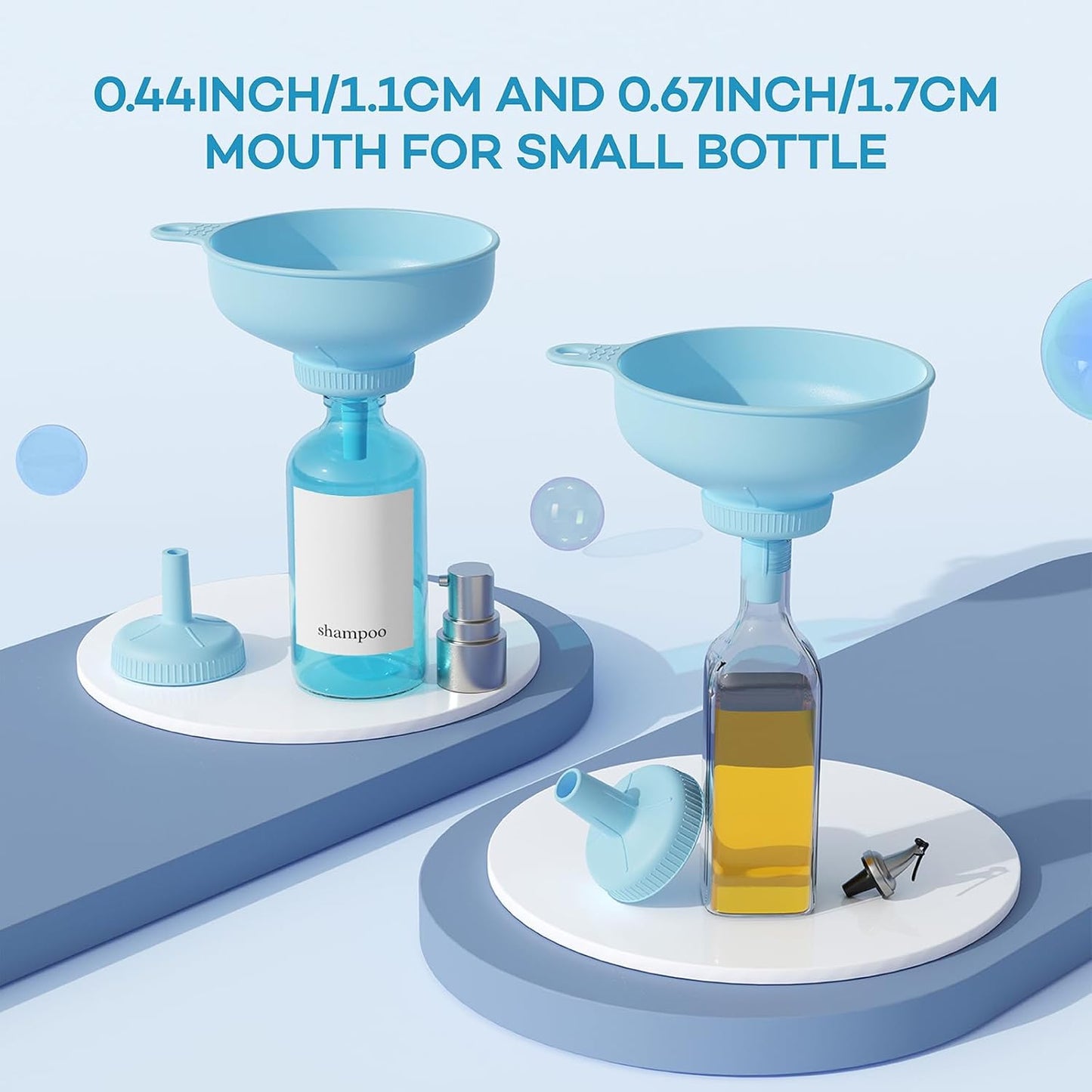 Pisol Wide Mouth Versatile Funnel, Canning Funnels for Kitchen Use, Food Grade Plastic Cooking Funnel Set with 4 Size Spouts and 2 Strainers for Filling Different Bottles and Bags, Blue