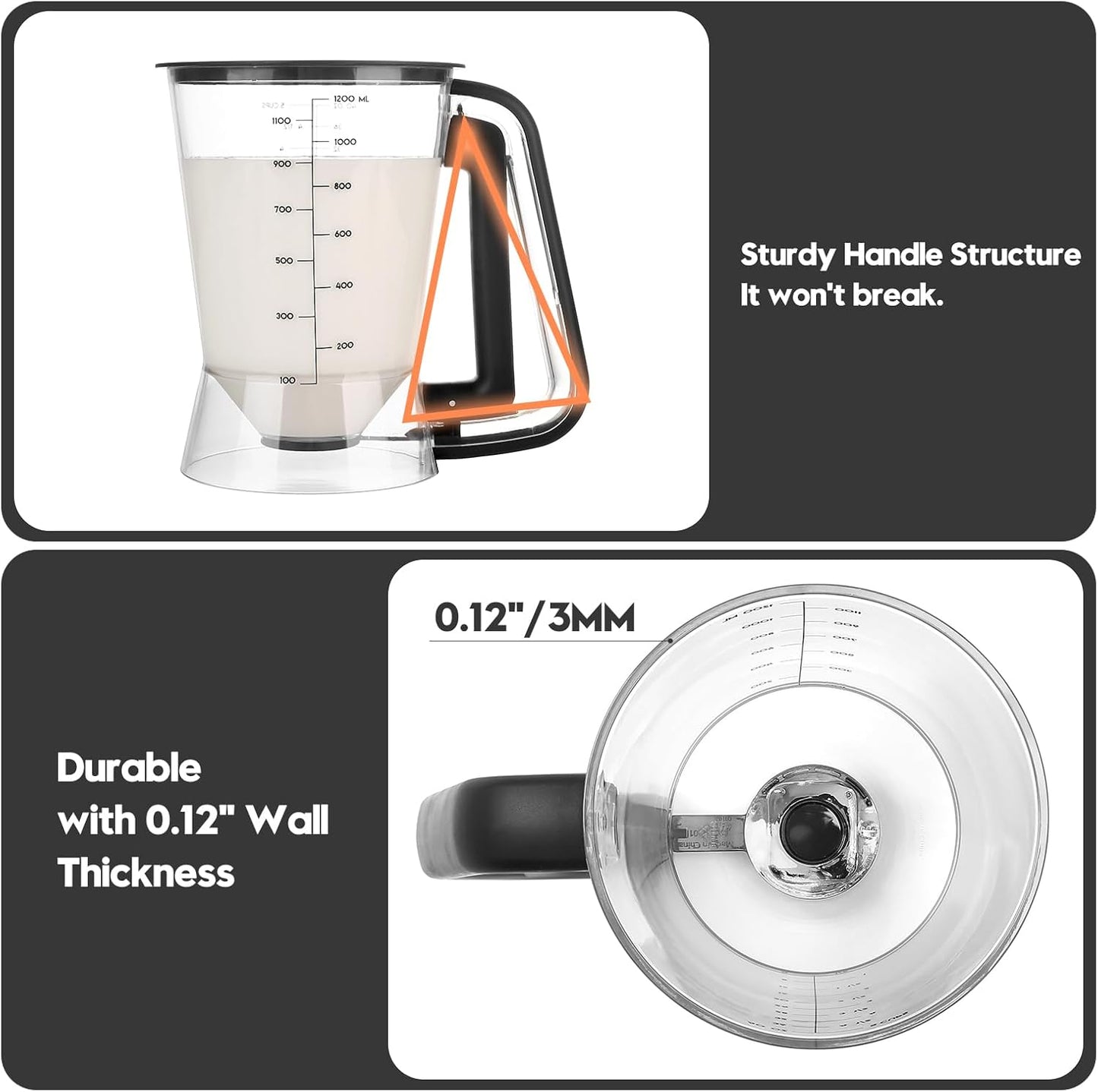 Pancake Batter Dispenser 5 Cup with Sturdy Handle,Batter Separator for Pancakes, Cupcake, Waffle, Muffin Mix, Cake & Crepe Batter pitcher with Squeeze Handle Baking Tools-Black