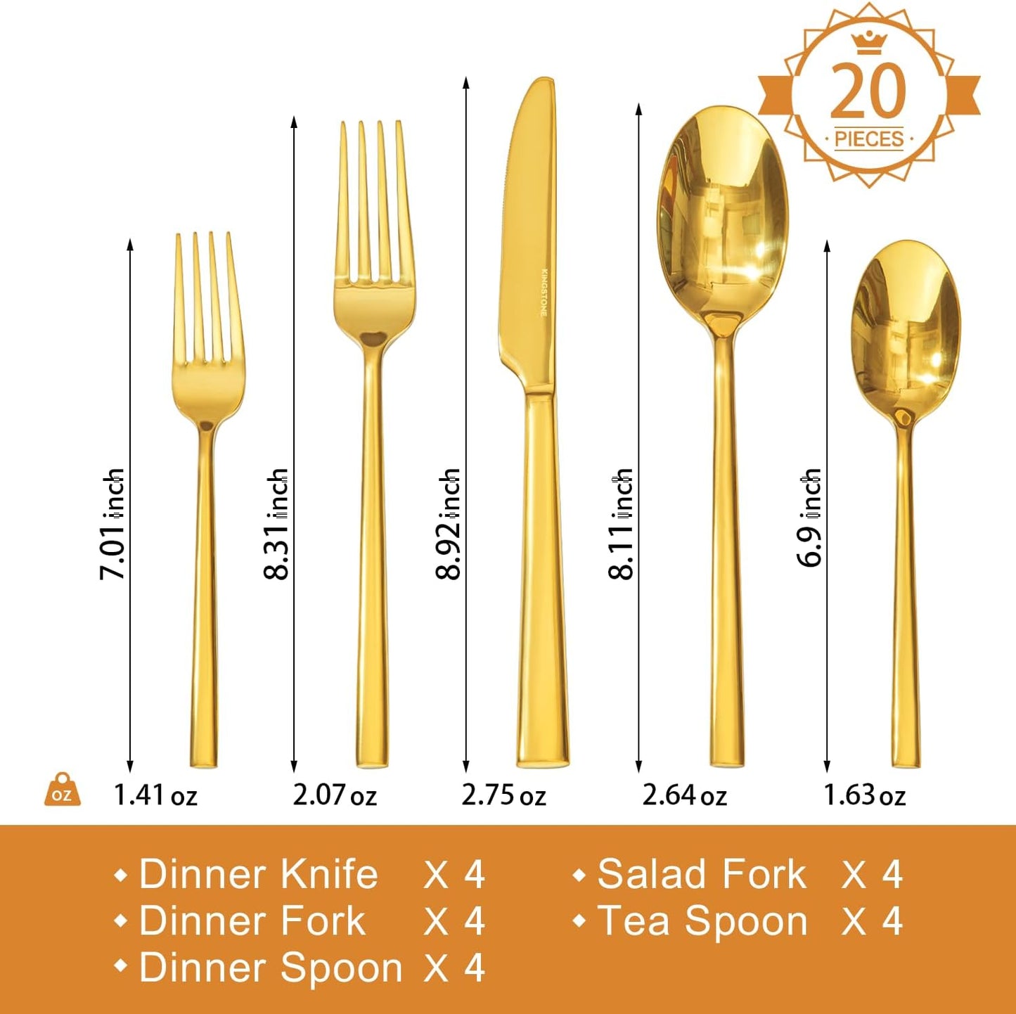 KINGSTONE Gold Silverware Set, 20-Piece Forged Flatware Set Cutlery Set Premium Stainless Steel, Service for 4, for Kitchen, Home, Wedding, Party, Mirror Polished and Dishwasher Safe