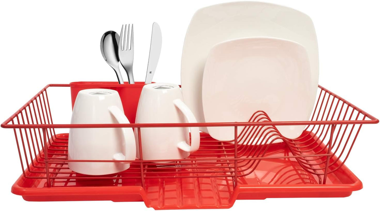 Sweet Home Collection Space-Saving 3-Piece Dish Drainer Rack Set: Efficient Kitchen Organizer for Quick Drying and Storage - Includes Cutlery Holder and Drainboard - Maximize Countertop Space, Red