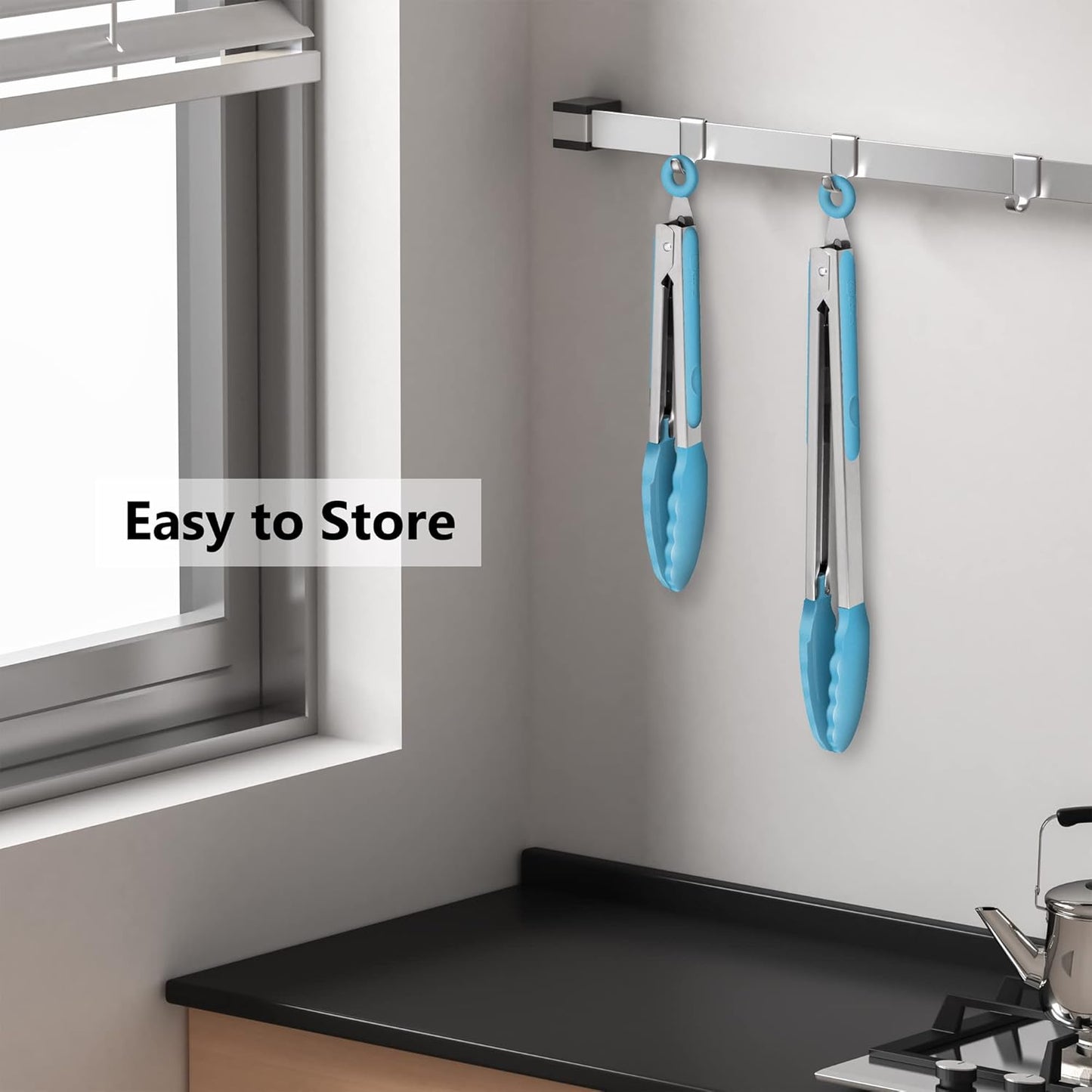 Set of 2 Kitchen Tongs, Premium Stainless Steel Locking 9-Inch & 12-Inch Silicone Grilling Barbeque Cooking Food Tong, Blue