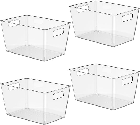 4 Pack Clear Plastic Storage Bins, 11" Large Pantry Organizer Bins with Handles, Plastic Containers for Refrigerator,BPA-Free Perfect for Kitchen,Fridge,Cabinet,Pantry,Bathroom,Closet Organization