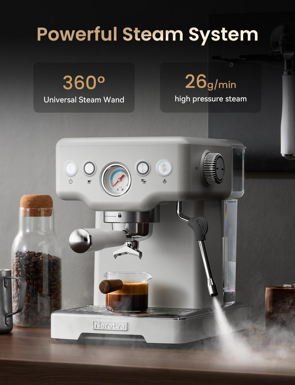 Neretva Espresso Machine, 15 Bar Espresso Coffee Machine with Visible Pressure Guage Professional Espresso Maker with Milk Frother & Stainless Steel for Home Barista Latte and Cappuccino Maker - White
