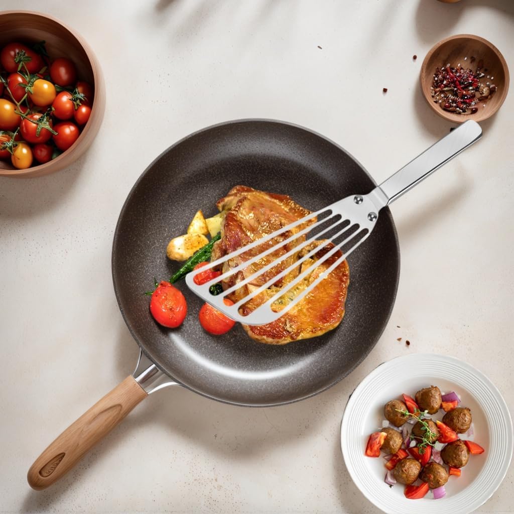 KSENDALO Flexible Fish Spatula Stainless Steel -Slotted Thin Egg Flipper with Riveted Handle, Angled Blade & Hollow Grip, Metal Turner for Cooking Fish Egg Pancakes (2 pack)