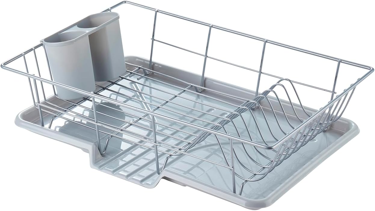 Space-Saving 3-Piece Dish Drainer Rack Set with Cutlery Holder - Maximize Kitchen Countertop Space, Silver
