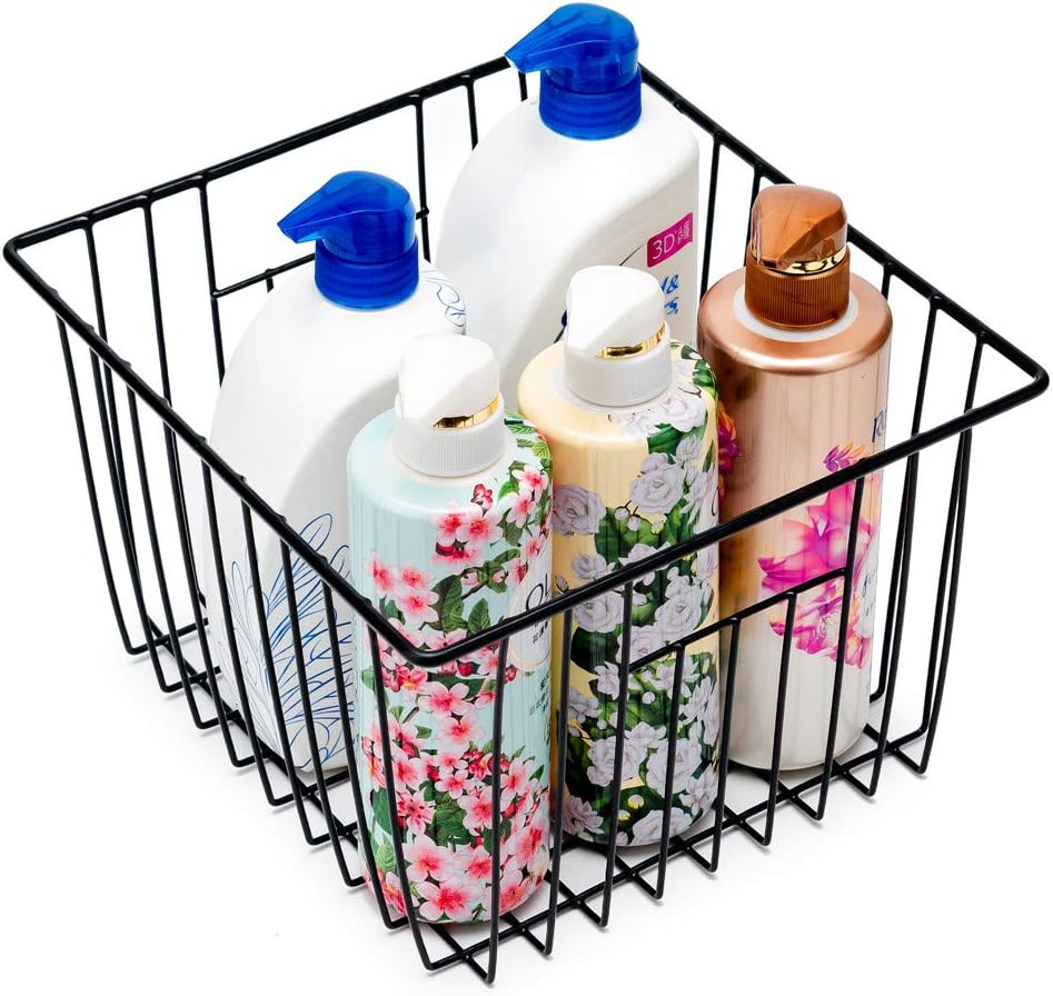 Slideep Refrigerator Freezer Organizer Wire Storage Basket, Farmhouse Food Wire Bins Container with Handles for Kitchen, Pantry, Freezer, Cabinet, Car, Bathroom Black 4 Pack