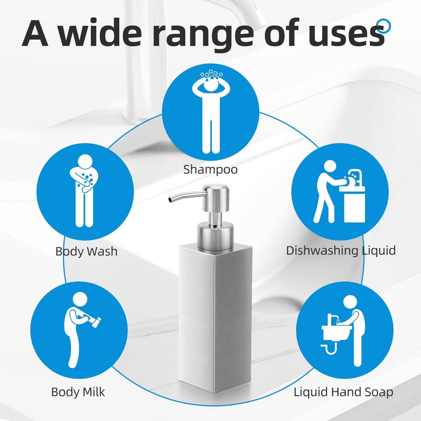 Soap Dispenser with Rust Proof Stainless Steel Pump Refillable for Bathroom and Kitchen Soap Dispenser for Essential Oils, Liquid, Lotions (8.5OZ / 250ML)
