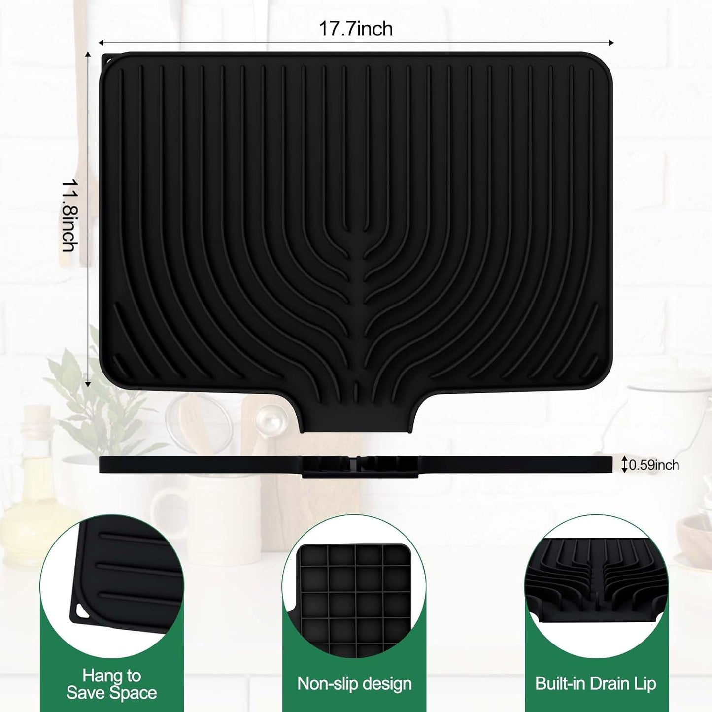 GUUKIN Silicone Dish Drying Mat,17.7" x 11.8 " Drying Matt Kitchen Counter, Dish Drying Rack Mat, Easy Clean Pad for Countertop Protection, Multi-Functional Use, Not applicable Bumps up sink (Black)