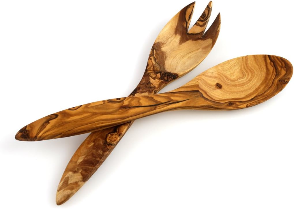 Tramanto Olive Wooden Salad Server Set, 12 inch Long Wood Pair - Tuscan Design