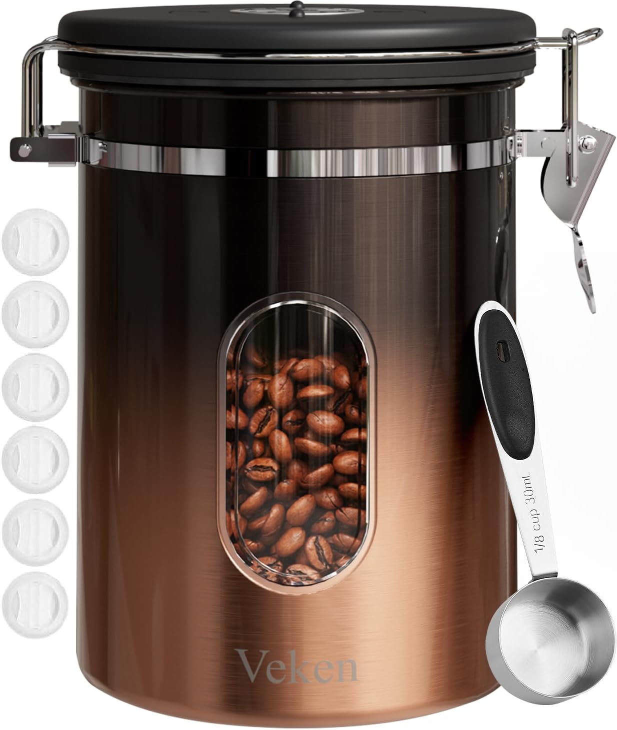 Veken Coffee Canister with Window,Airtight Stainless Steel Kitchen Food Storage Container, Date Tracker & Scoop for Grounds Coffee, Beans, Tea,Flour,Cereal,Sugar,22OZ,Copper
