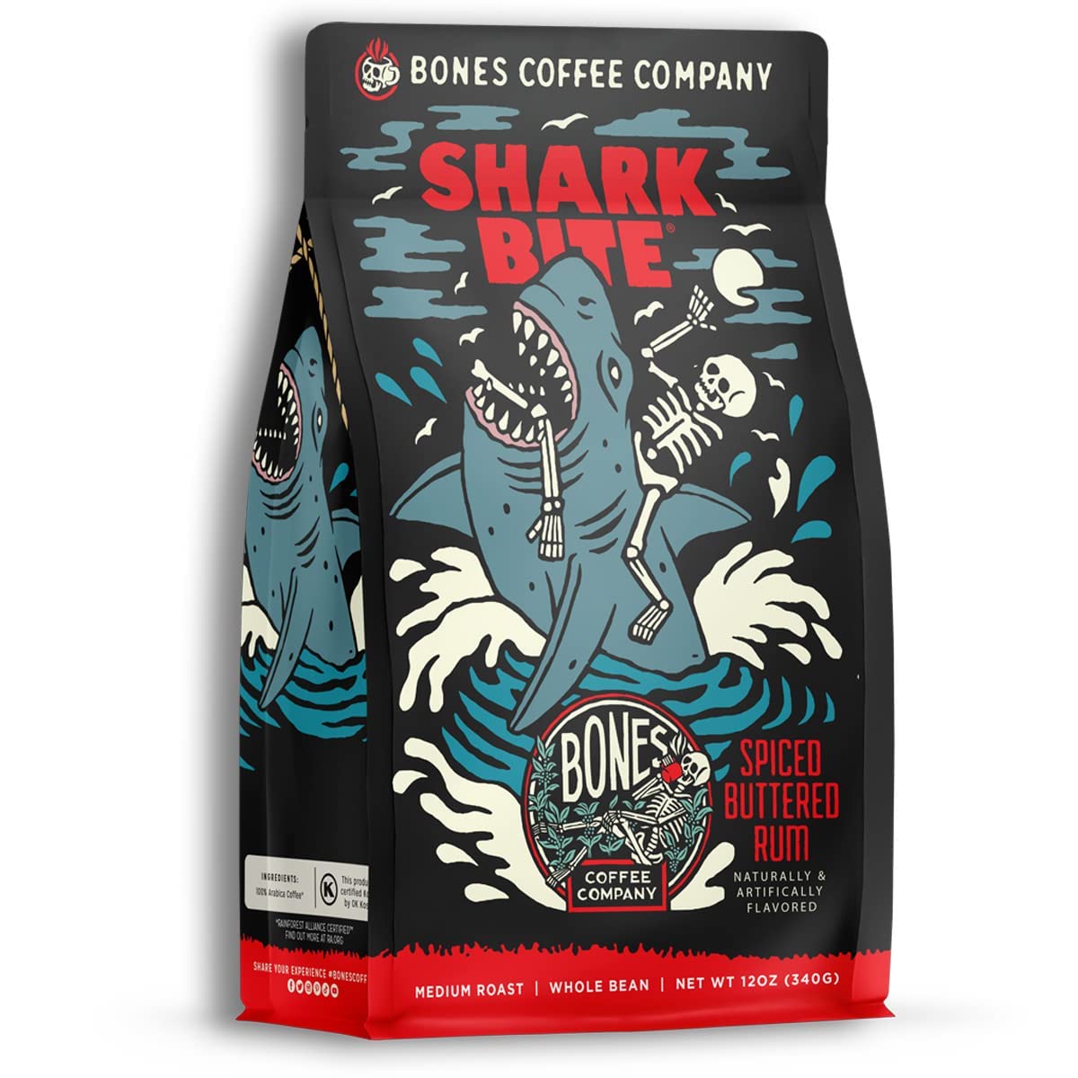 Bones Coffee Company Shark Bite, Buttered Rum Flavored Coffee, Medium Roast Low Acid Arabica Beans Compatible with Auto drip and French Press Coffee Maker, 12 Oz Whole Bean