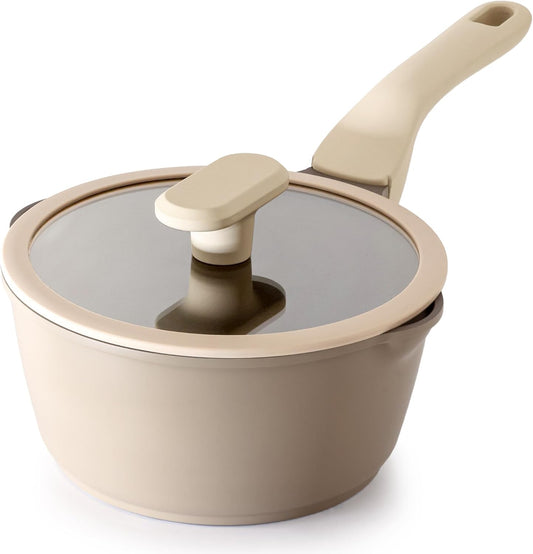 Nonstick Saucepan with Lid, 2 Quart Sauce Pan, Healthy Sauce Pot with Pour Spouts for Multipurpose Use, PTFE, PFOA Free, Induction Compatible, Apricot