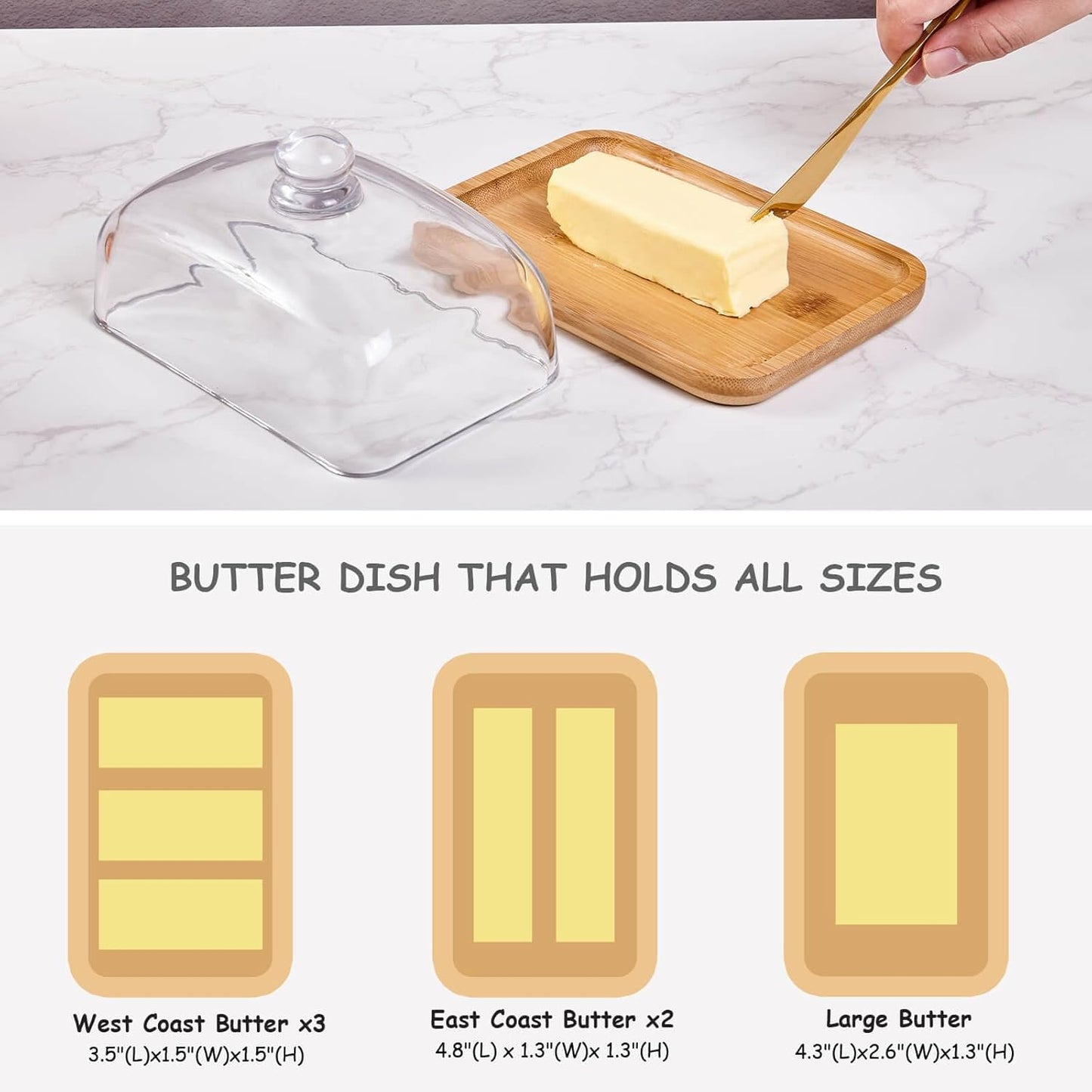 butter dish with lid, glass airtight lid keeps butter soft, for countertop and refrigerator. Widened design to fit all butters. Covered butter dishes with, Made of glass and bamboo.