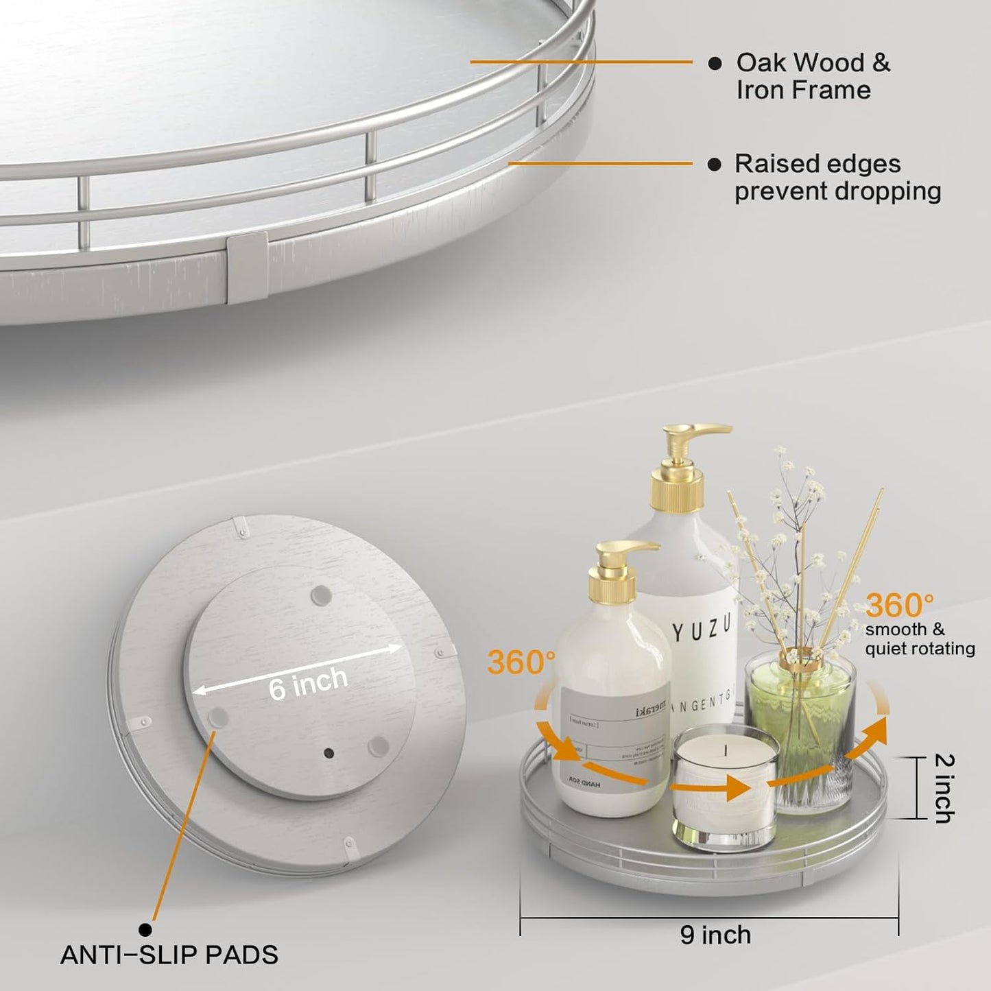 9" Silver Lazy Susan for Table Top, Oak Wood Lazy Susan Turntable Organizer for Dining Coffee Table Centerpiece Bar Decor Kitchen Countertop Bathroom Vanity Decorative Tray for Perfume Jewelry Round