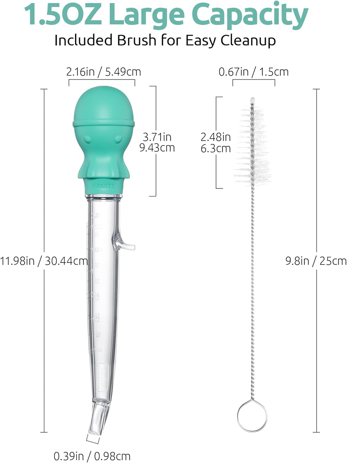 U-Taste 1.5oz Angled Turkey Baster - 228.2℉ Heat Resistant Food Grade Tritan and Silicone Large Octopus Bulb Baster Set with Cleaning Brush for Cooking Basting Meat Poultry Beef Chicken (Aqua Sky)