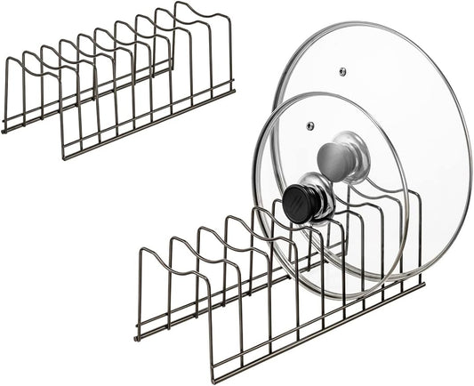Pot Lid Organizer, Stainless Steel Pot Lid Storage Rack Holder, Cutting Board, Bakeware, Pots & Pans, Serving Trays, Reusable Containers in Cabinet Pantry on Countertop(Satin Nickel, 2)