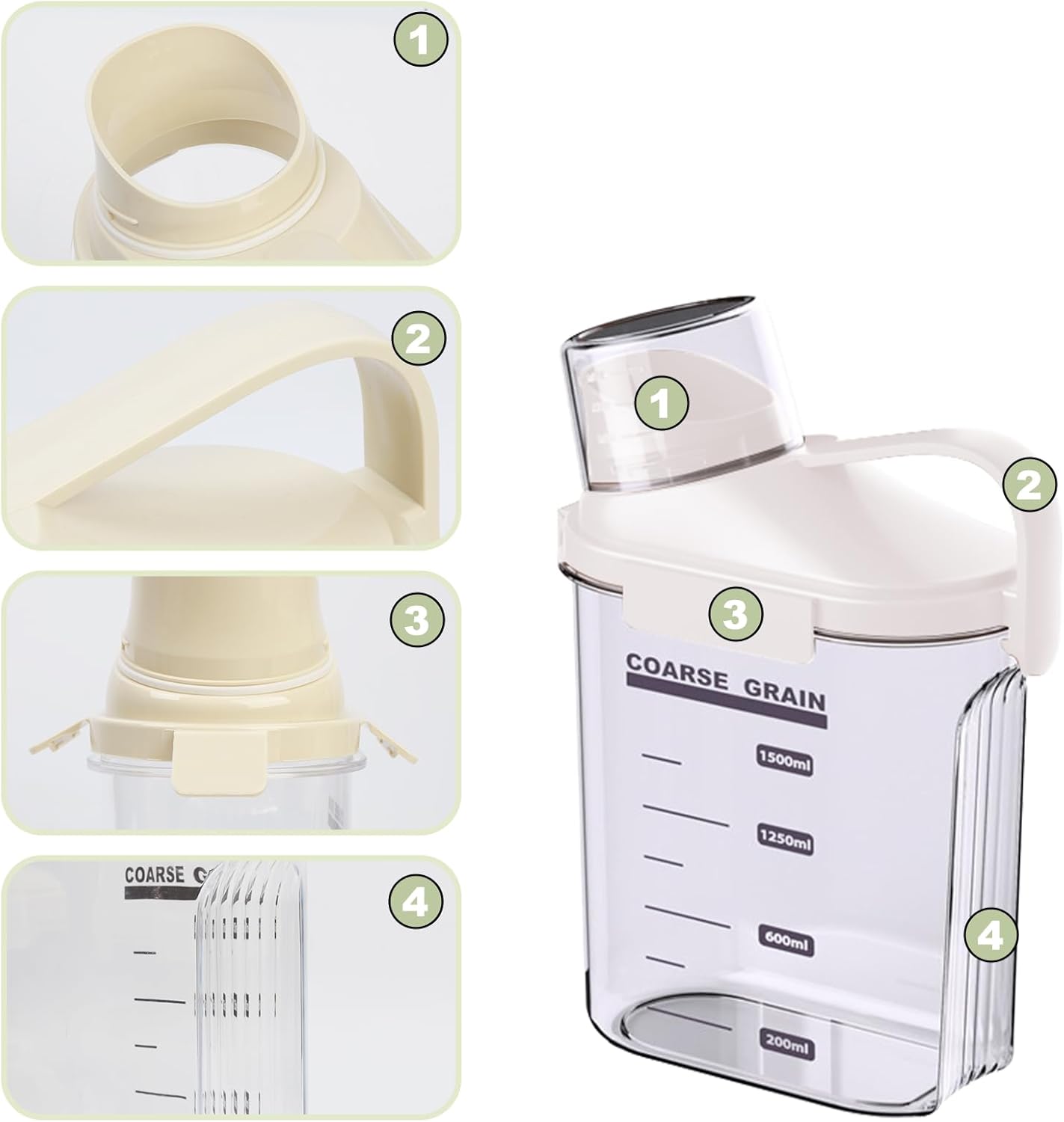 1 PCS Airtight Dry Food Container, Clear BPA-Free Plastic Cereal Containers Storage for Kitchen Pantry, Rice Cereal Flour Holder with Pouring Spout Measuring Cup, White, 51fl.oz/1.5L