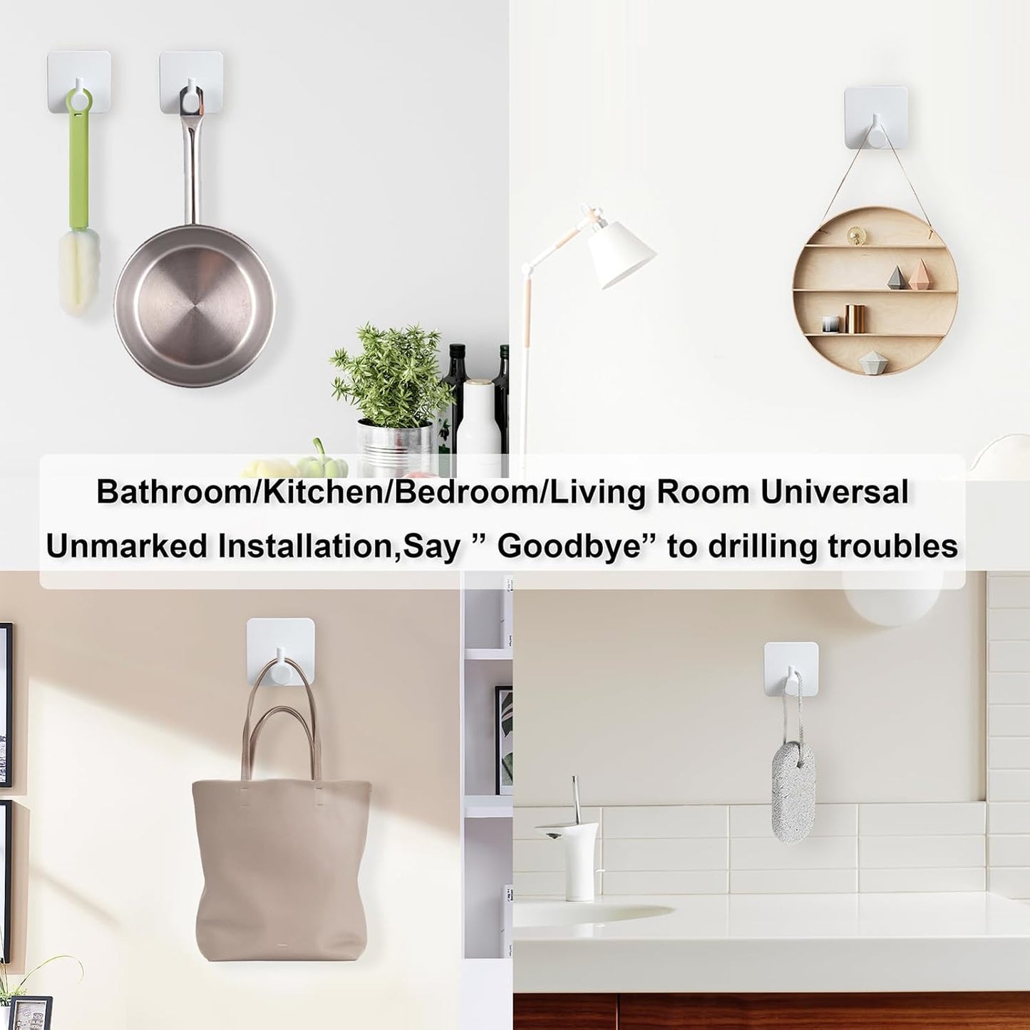 Aluminum Wall Hooks, No Drill Damage-Free Adhesive Hook, Product for Hanging Heavy Duty for Bathroom Kitchen Home (Single Square White Hook, 4)