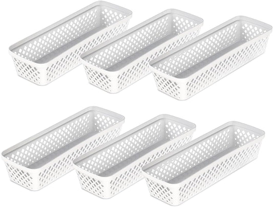 Glad Plastic Storage Basket Set - Multipurpose Drawer Trays, Kitchen Pantry Containers, and Bathroom Bins - 6 Pack Narrow Organizers, White