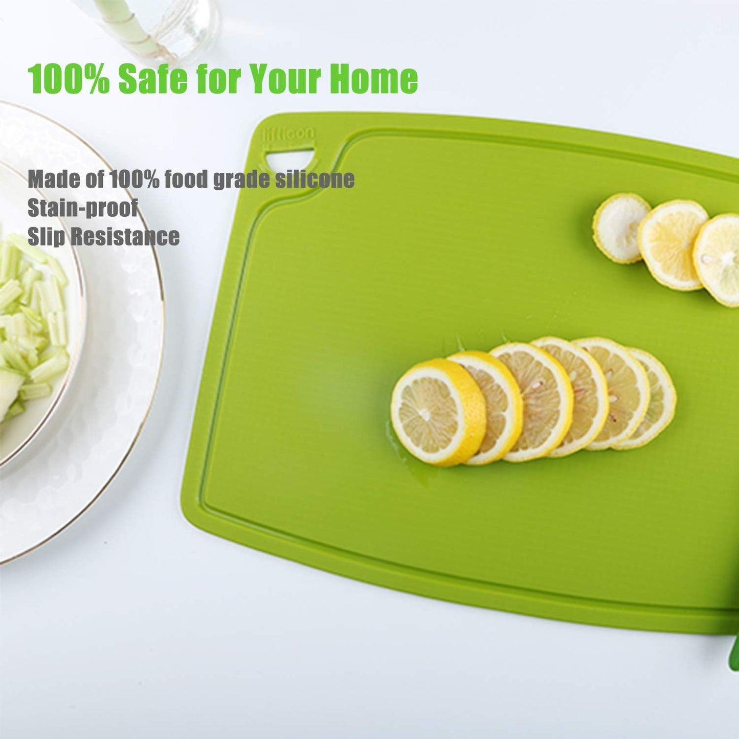 Silicone Thick Cutting Boards Mats Set of 3 Foldable & Flexible Design Juice Grooves Easy Grip Handle Dishwasher Safe for Kitchen,BPA free Silicone Cutting Board-Green