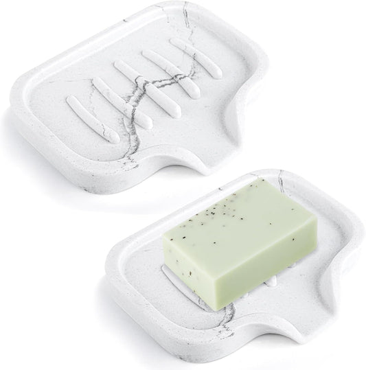 Self Draining Soap Dish- 2 Pcs Bar Soap Holder for Shower, Marble Look Large Soap Savers Soap Tray Sponge Holder for Kitchen Bathroom Bathtub Sink, White